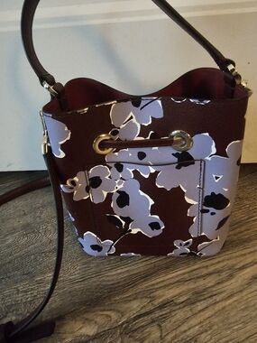 kate spade Burgundy Floral Drawstring Bucket Bag with Lilac Accents